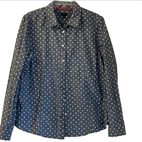 Talbots Chambray Blue White Polka Dot Button Down Shirt Sz 14 Long Sleeve Cotton - Picture 1 of 8